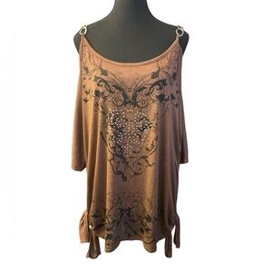 Libian Brown Open Shoulder Graphic Blouse 2XL GUC